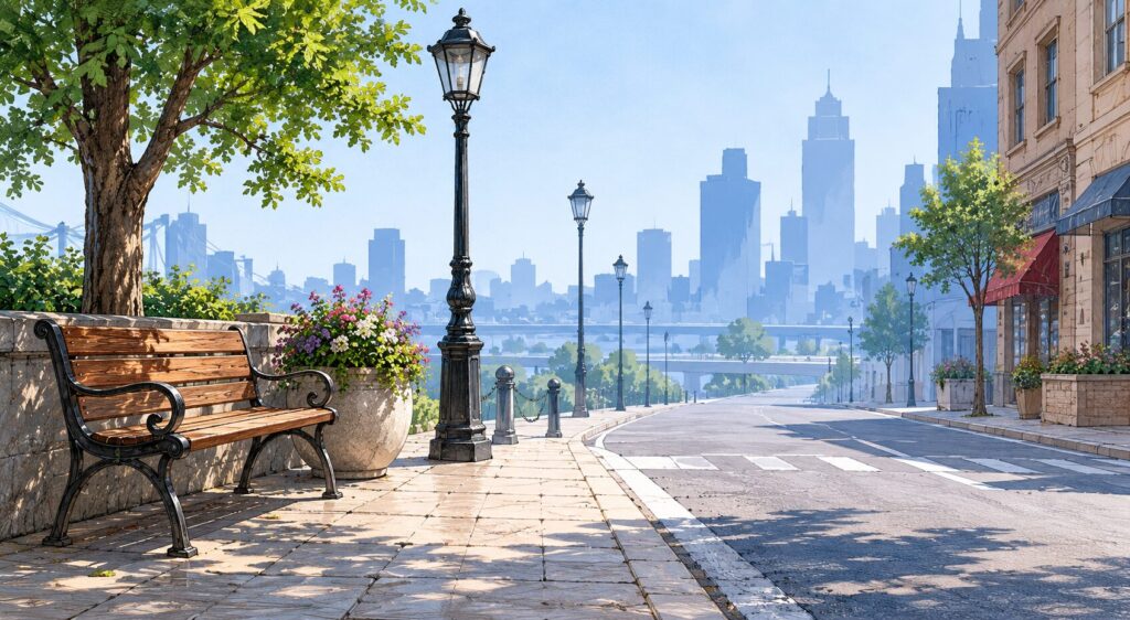 A quiet street corner and a distant cityscape