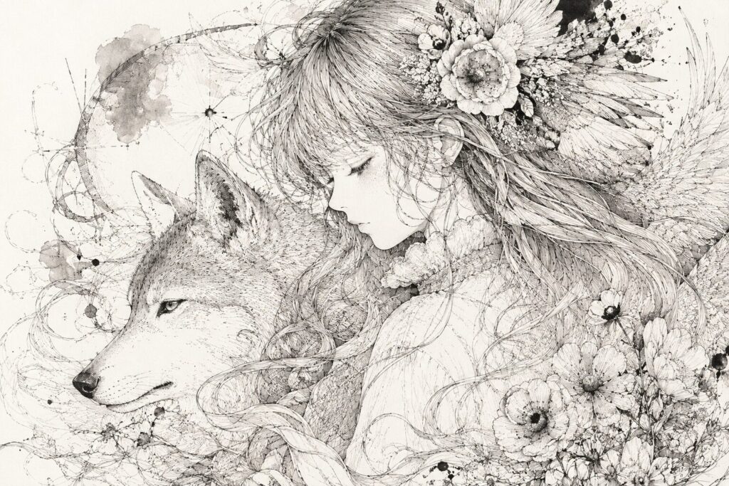 Pen drawing Woman and wolf
